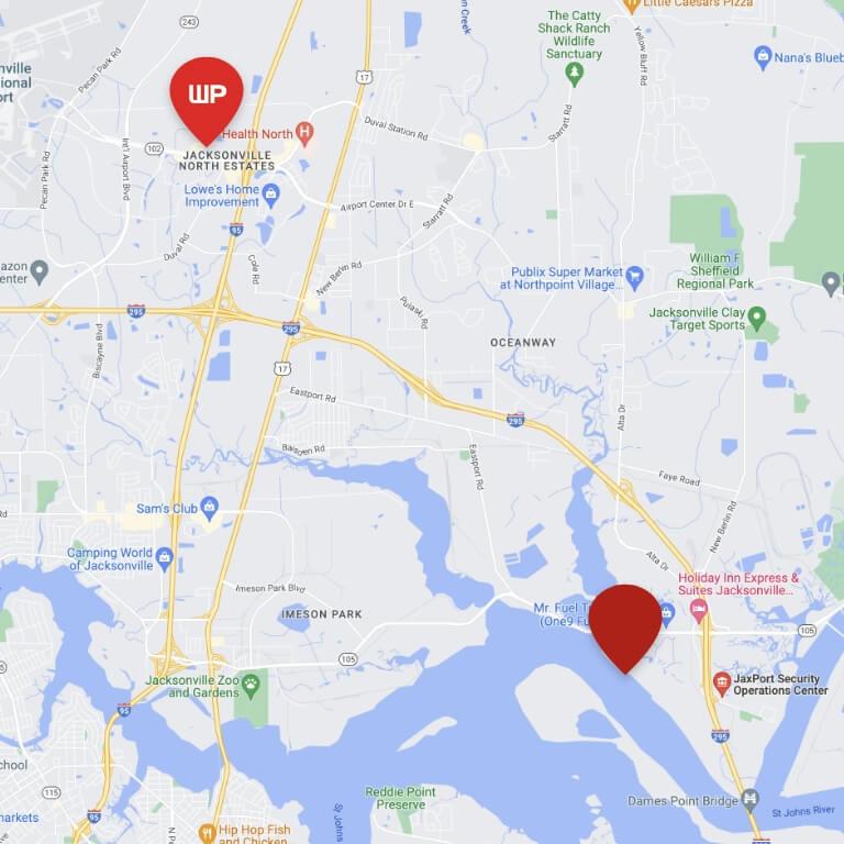 Map showing WallyPark JAX and JAXPORT