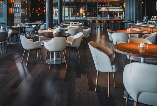 A modern, stylish restaurant interior features round wooden tables, white cushioned chairs, and a long bar—perfect for discussing the cheapest LAX destinations. Large windows and warm pendant lights create a cozy, inviting atmosphere.