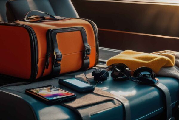 An orange travel bag, smartphone, headphones, yellow sweater, and a light-colored blanket sit on a blue train or airplane seat in warm sunlight—perfect essentials for anyone looking to try smart travel hacks.
