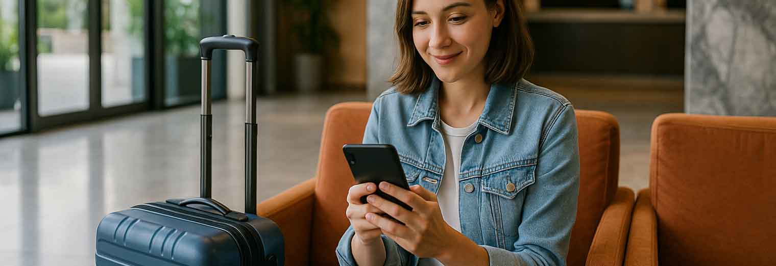 A woman in a denim jacket sits in an orange chair at what appears to be a hotel lobby, smiling while looking at her phone—perhaps searching for cheap fall travel destinations—with a black rolling suitcase beside her.