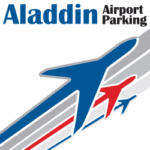 Logo for Aladdin Airport Parking featuring three stylized airplanes in blue, red, and gray with the text “Aladdin Airport Parking” in bold blue and black letters in the top left corner, highlighting San Diego airport parking services.