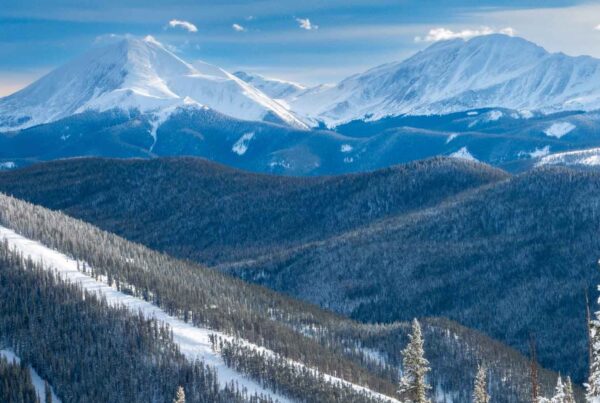 Snow-covered mountain peaks rise in the distance under a blue sky, with tree-lined slopes and frosted trees in the foreground, creating a scenic winter landscape.