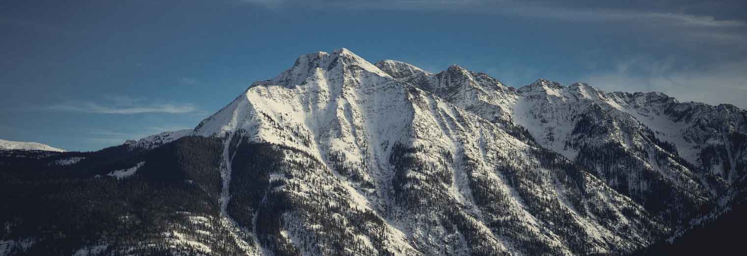 A tall, rugged mountain range covered with snow under a clear blue sky, with patches of forested areas visible on the lower slopes.