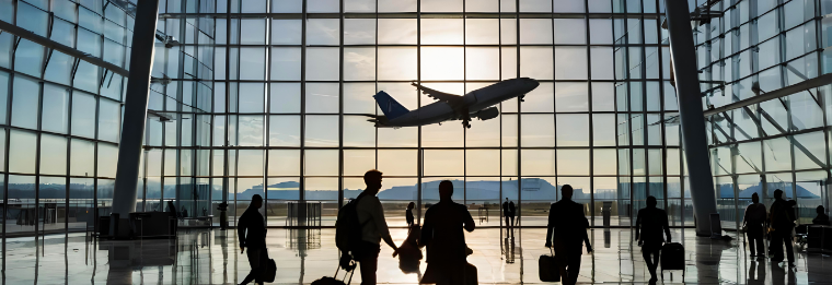 Silhouetted travelers with luggage walk through a spacious airport terminal as an airplane takes off outside, while WallyPark Airport Parking provides convenient access just beyond the large glass windows and sunset sky.