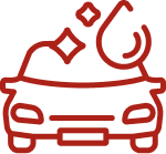 Red line drawing of a car with water drops and sparkles above it, symbolizing car washing or cleaning services.