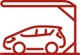 Red line drawing of a car parked under a shelter or carport with a slanted roof, shown from the side on a white background.
