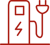 Red outline icon of an electric vehicle charging station with a charging plug and a lightning bolt symbol on the station.