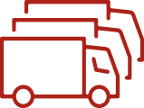 Red outline illustration of three delivery trucks, one in front and two behind, each progressively lighter in color, suggesting movement or multiple vehicles.