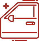 Red outline icon of a car door with a sparkle near the top left corner, suggesting cleanliness or a freshly cleaned vehicle.