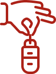 Red outline of a hand holding a computer mouse by its cord, with the thumb and index finger pinching the cord and the other fingers extended, on a light background.