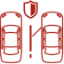 Red icon showing two cars parked side by side with a shield above and an exclamation mark between them, suggesting a warning or alert related to parking or collision protection.
