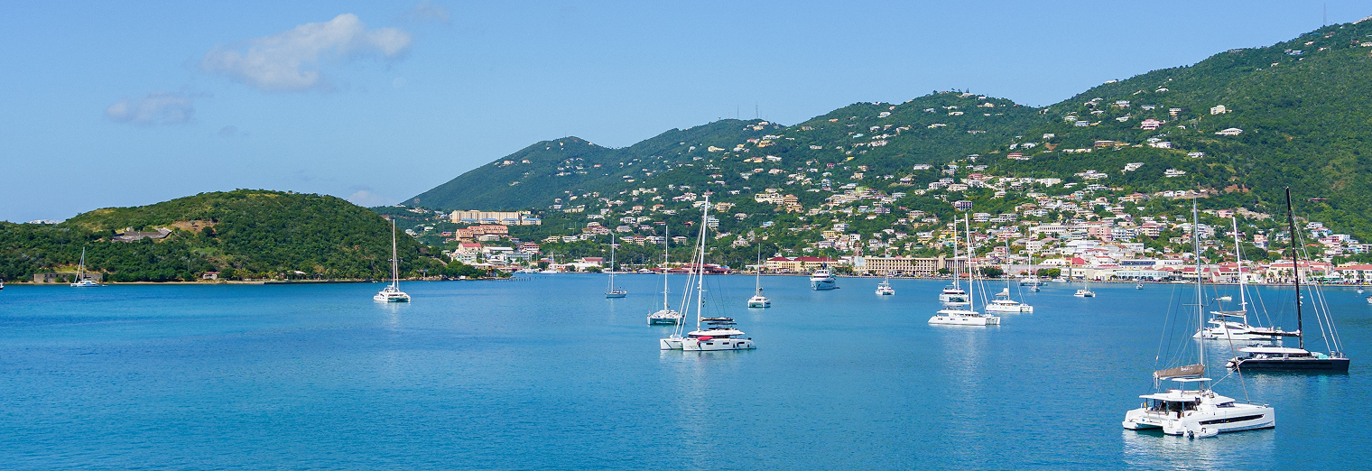 Several sailboats and yachts float on calm blue water near a lush, green hilly coastline dotted with houses and buildings under a clear blue sky—perfect for dreaming of escapes after using WallyPark Airport Parking.