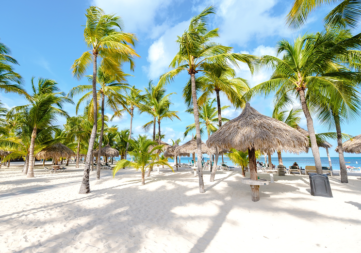 Palm trees and thatched umbrellas line a sunny, sandy beach with clear blue sky and turquoise ocean in the background. A few people relax under the shade, their WallyPark Airport Parking worries left behind as they enjoy the tropical scenery.