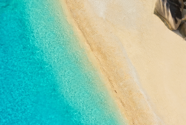 Aerial view of a tropical beach with clear turquoise water, golden sand, palm trees, and large rocks along the shoreline—perfect for travelers dreaming of paradise after a stress-free experience with WallyPark Airport Parking.