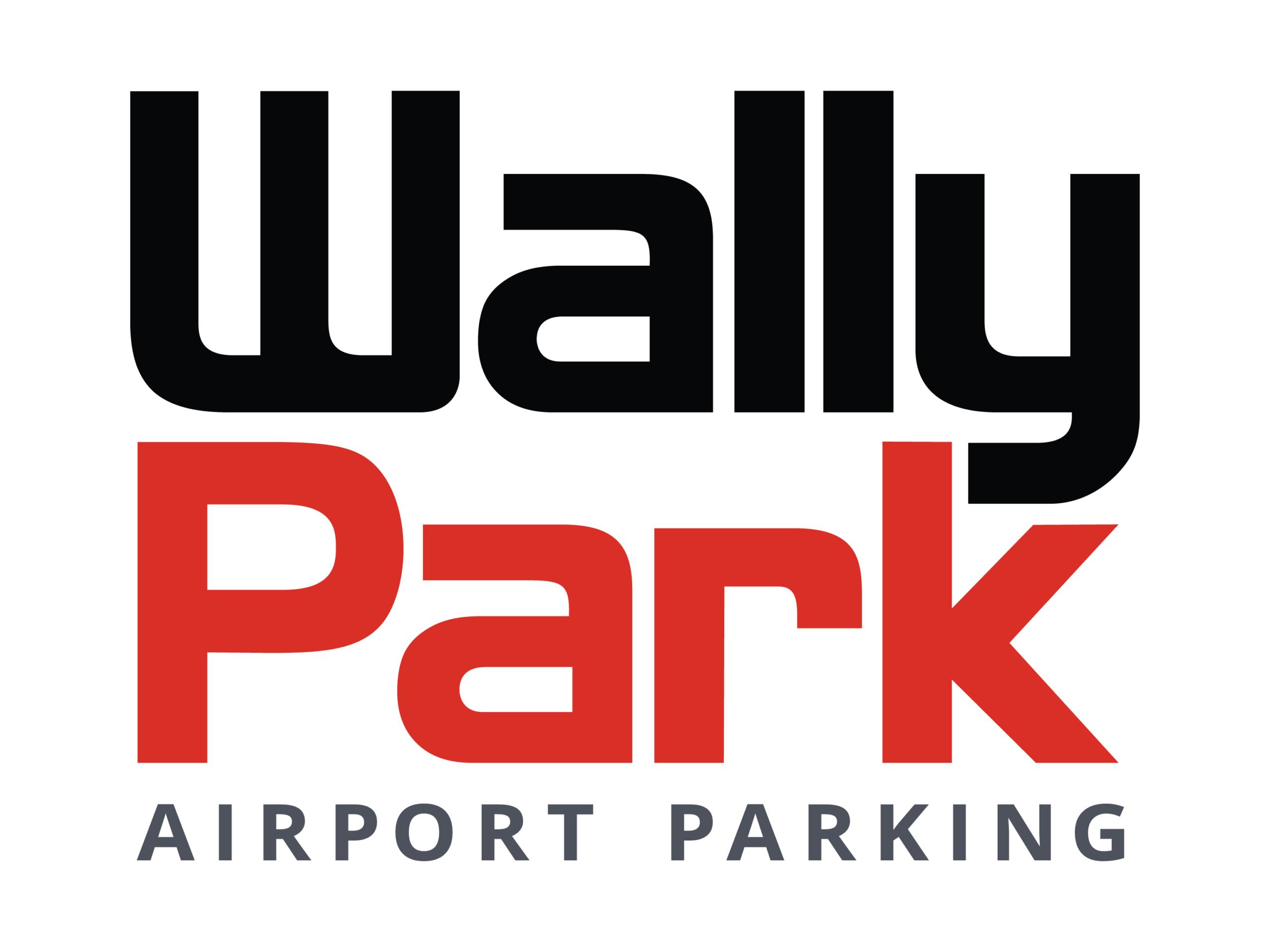 Logo for WallyPark Airport Parking. Wally is in bold black letters, Park in bold red letters, and AIRPORT PARKING is in smaller gray letters beneath. The background is white.