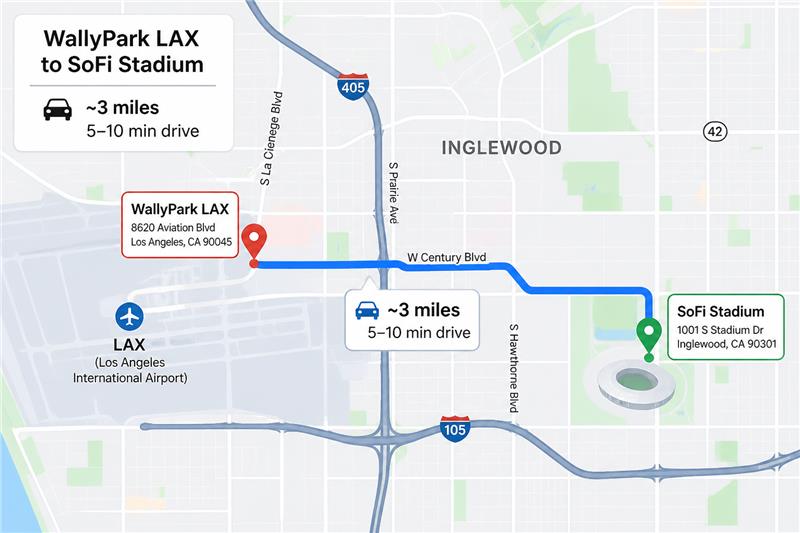 Map showing the route from WallyPark LAX (8620 Aviation Blvd) to SoFi Stadium (1001 S Stadium Dr), about 3 miles and a 5–10 minute drive, with roads and landmarks in Inglewood, California.