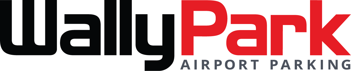 Logo for WallyPark Airport Parking featuring bold black text for Wally and bold red text for Park, with Airport Parking in smaller gray letters underneath.
