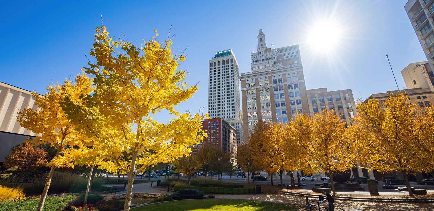 Tall buildings rise behind vibrant yellow autumn trees in a city park under a clear blue sky, with the sun shining brightly overhead—just steps away from the convenience of WallyPark Airport Parking.